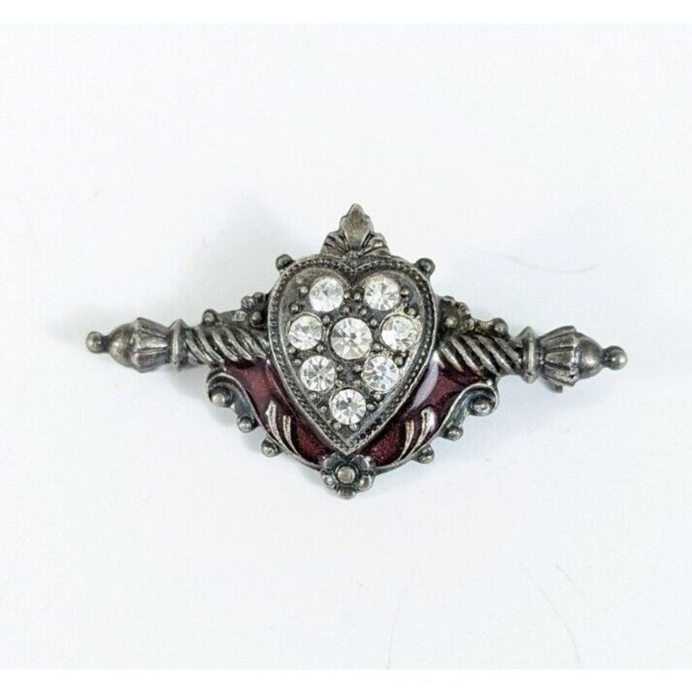 Heart And Rod Rhinestone Victorian Revival Brooch Pin - red enamel silver toned